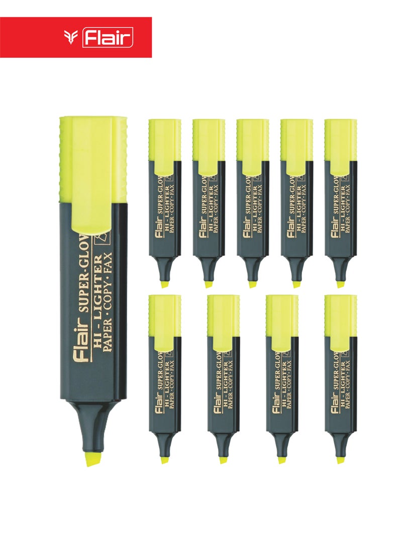 Flair Super-Glow Text Highlighter Pen, Chisel Tip, Fluorescent Yellow, Pack of 10 - Image 1